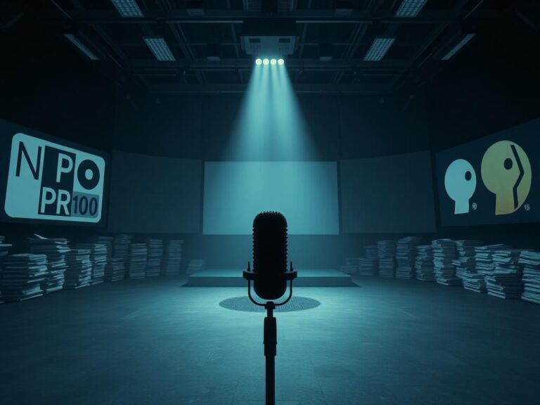 Flick International Conceptual image of a dimly lit public broadcasting studio with a shadowy microphone, symbolizing silenced media