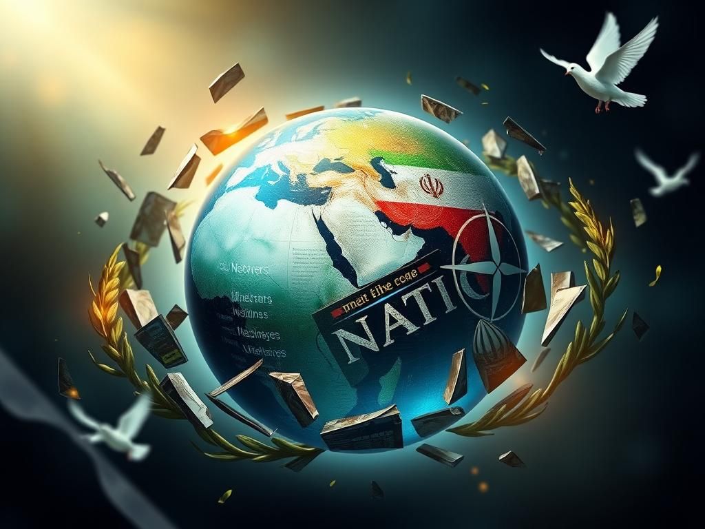 Flick International Globe surrounded by shattered barriers symbolizing diplomatic challenges with emphasis on Iran and NATO