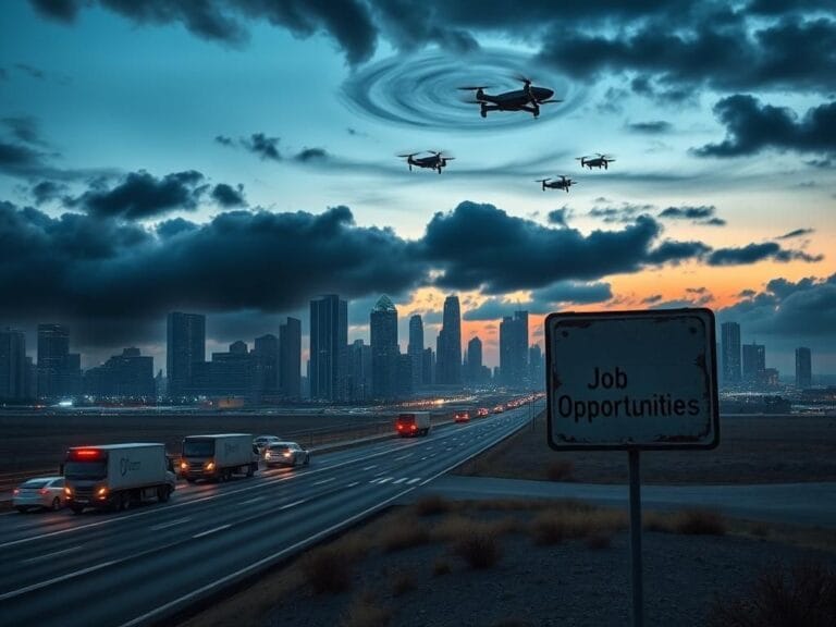 Flick International Dystopian city skyline dominated by data centers and automated warehouses