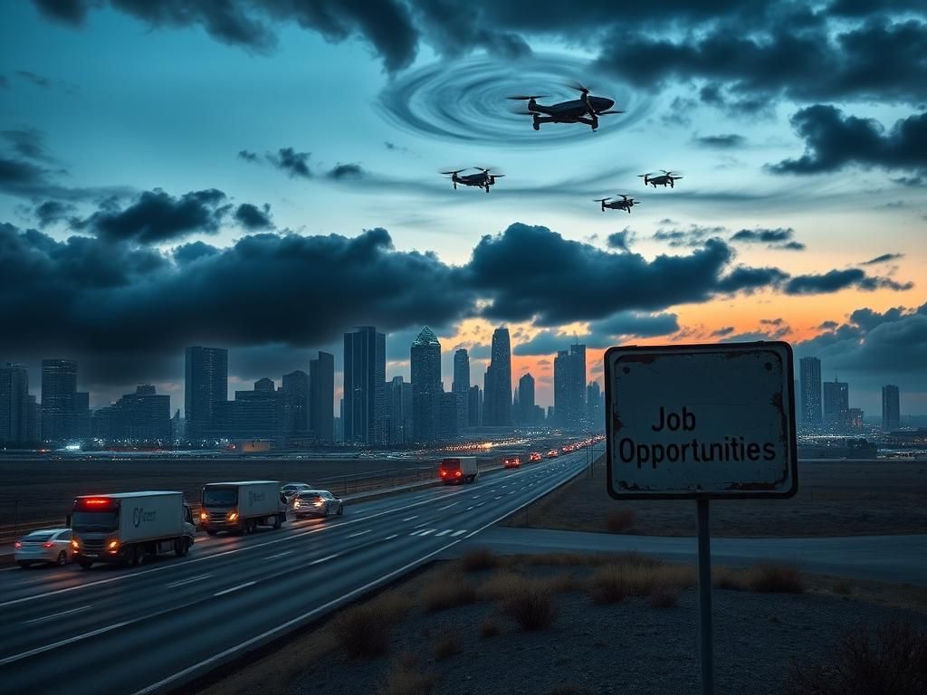 Flick International Dystopian city skyline dominated by data centers and automated warehouses