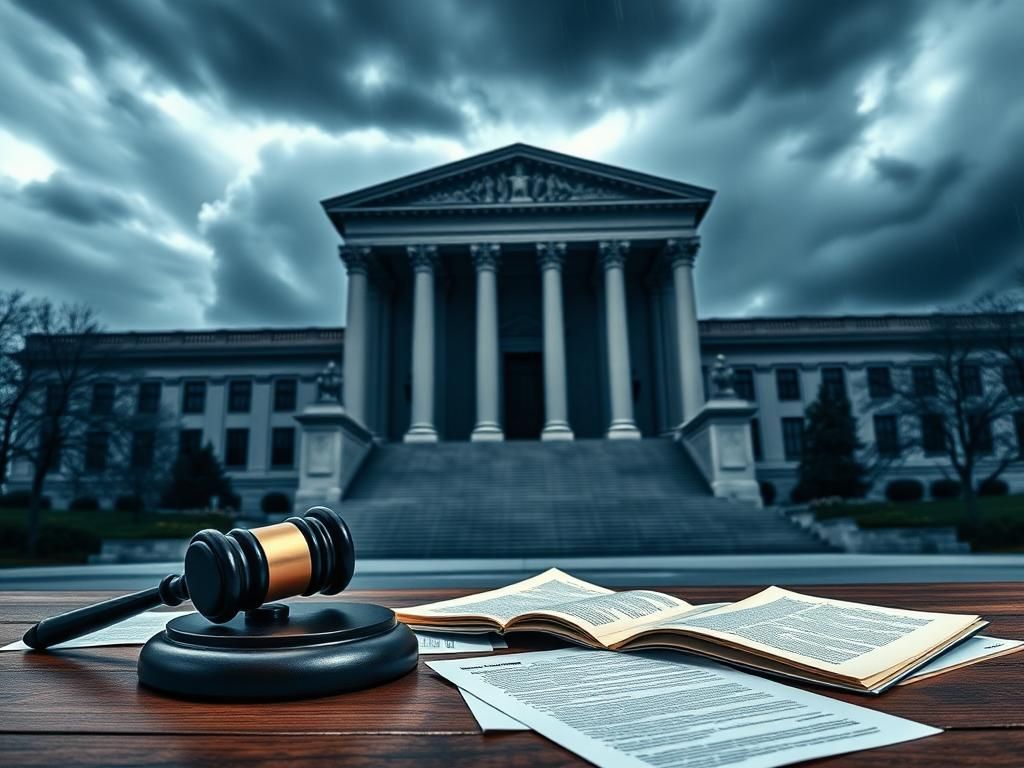 Flick International Dramatic exterior of a federal courthouse under a cloudy sky