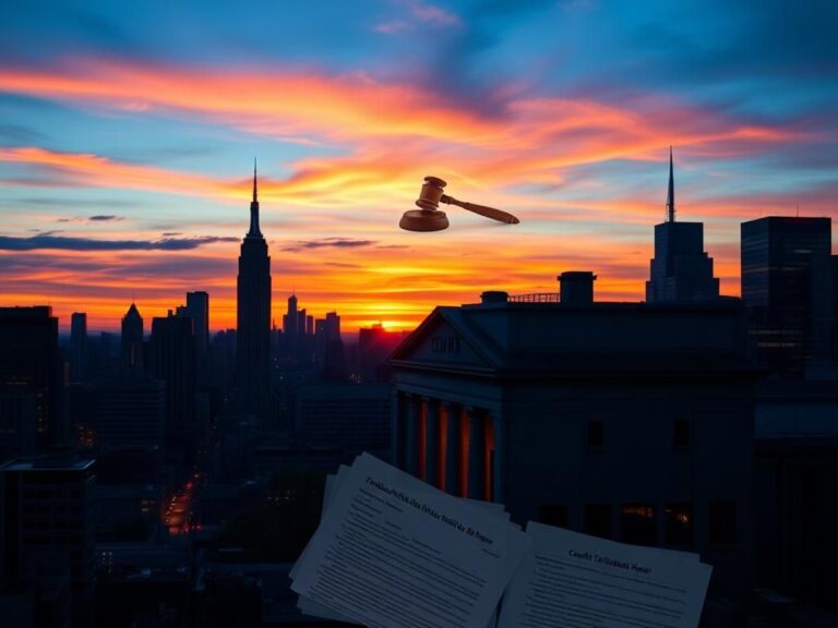 Flick International Dynamic cityscape of Manhattan at dusk with courthouse silhouette