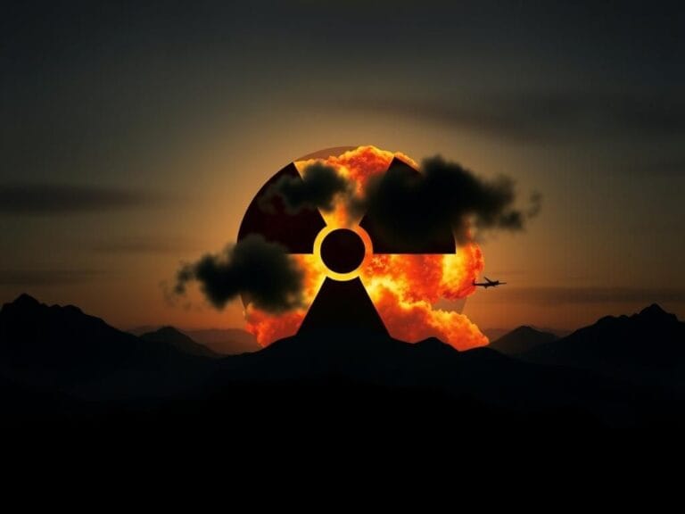 Flick International Dramatic abstract representation of nuclear tension with a large nuclear symbol in dark clouds
