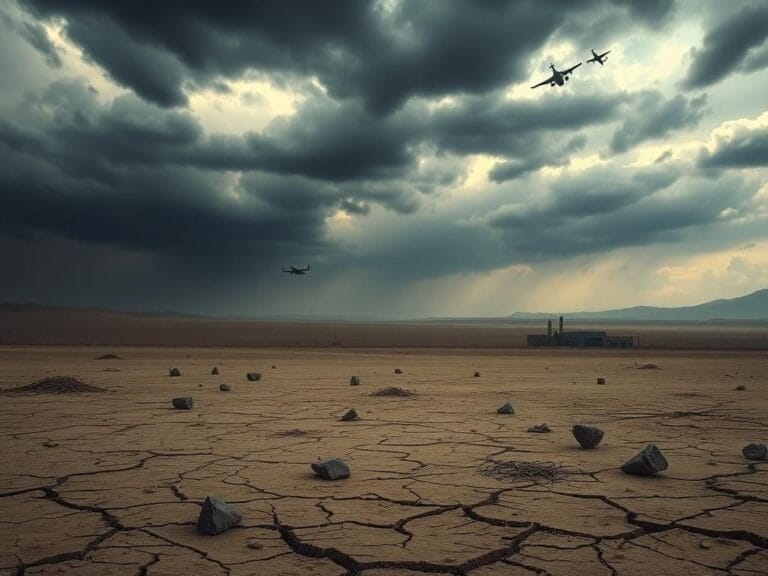 Flick International A barren desert landscape with a shadowy nuclear facility under a tumultuous sky symbolizing Iran's geopolitical tension