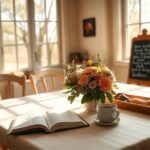 Flick International Serene dining table set in a cozy home with Bible and tea