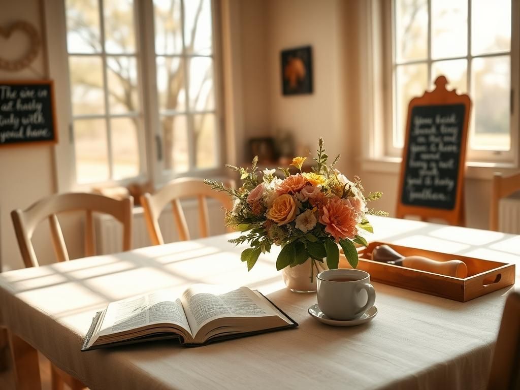 Flick International Serene dining table set in a cozy home with Bible and tea