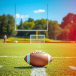 Flick International A tranquil football practice field with a pristine football on the yard marker under a bright blue sky.