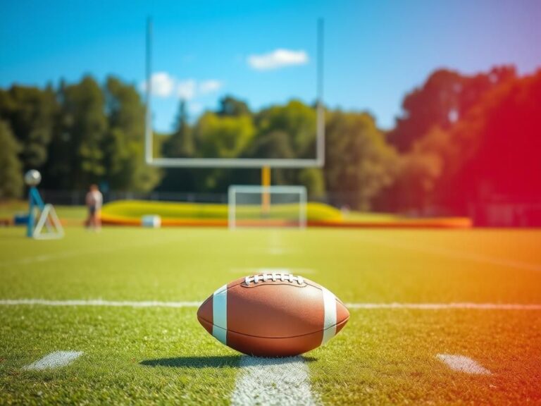 Flick International A tranquil football practice field with a pristine football on the yard marker under a bright blue sky.