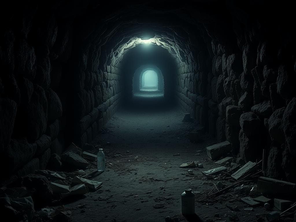 Flick International Dimly lit underground tunnel symbolizing hostages' harrowing conditions