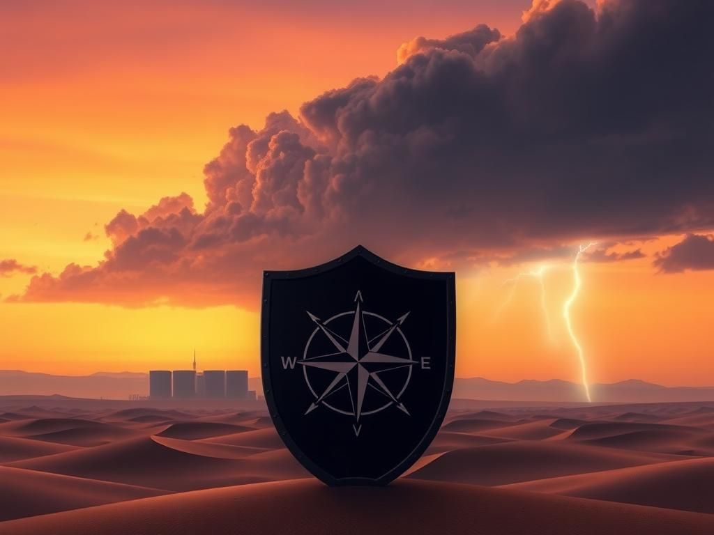 Flick International Dramatic landscape of the Middle East at dusk with a silhouette of a nuclear facility and a peace shield in the foreground