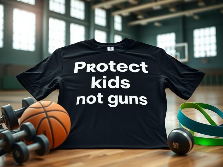Flick International Close-up of Giannis Antetokounmpo's T-shirt displaying the message 'Protect kids not guns' on a flat black surface with sports equipment.
