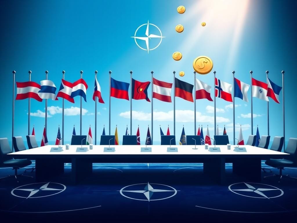 Flick International Stylized NATO Summit backdrop with member country flags against a blue sky