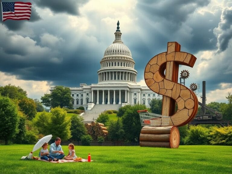Flick International A family picnic near the Capitol amidst economic concerns represented by an empty grocery cart and a wooden dollar sign