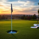 Flick International A serene golf course at dawn with dew-covered grass and a dramatic sky