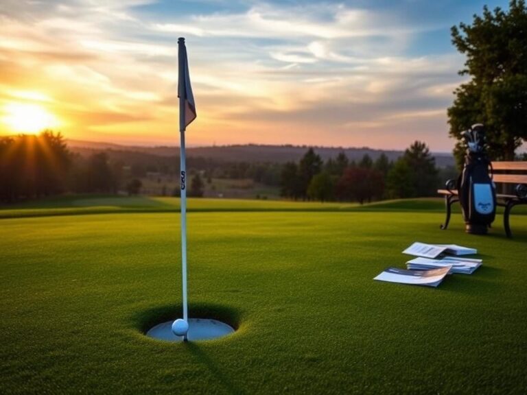 Flick International A serene golf course at dawn with dew-covered grass and a dramatic sky
