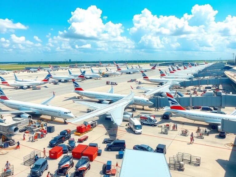 Flick International Aerial view of a busy airport with multiple airplanes at gates