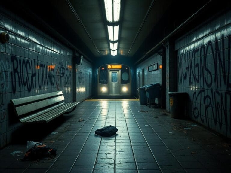 Flick International Dimly lit New York City subway station with empty platform and graffiti-covered walls