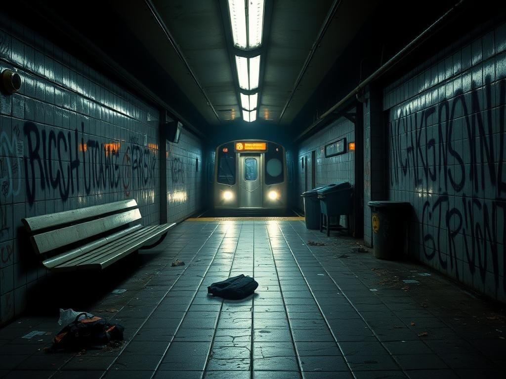 Flick International Dimly lit New York City subway station with empty platform and graffiti-covered walls