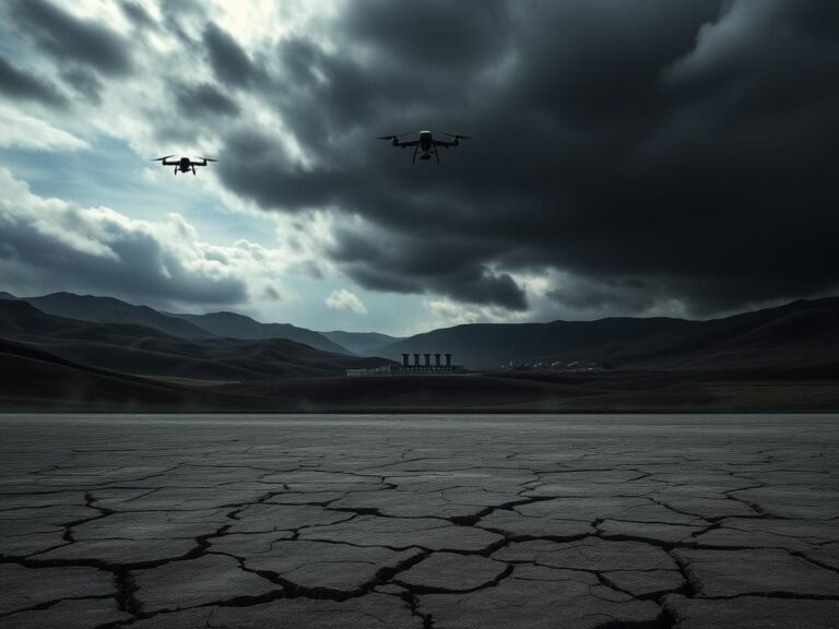 Flick International Ominous silhouette of a nuclear facility under a tumultuous sky