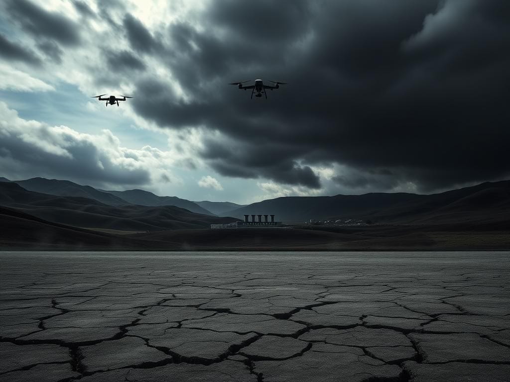 Flick International Ominous silhouette of a nuclear facility under a tumultuous sky