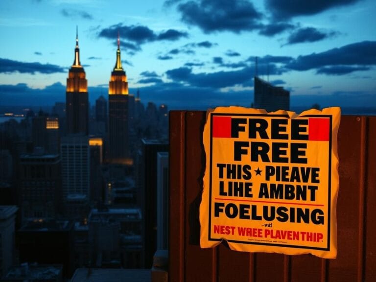 Flick International A twilight cityscape of New York City featuring the Empire State Building and Brooklyn Bridge with a vintage campaign poster advocating for progressive policies