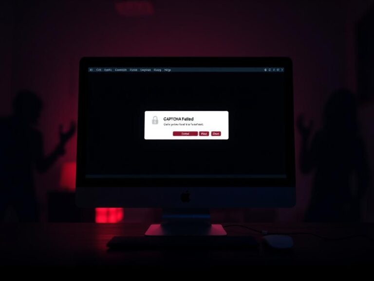 Flick International Dark desktop scene with macOS displaying a fraudulent CAPTCHA prompt and error message