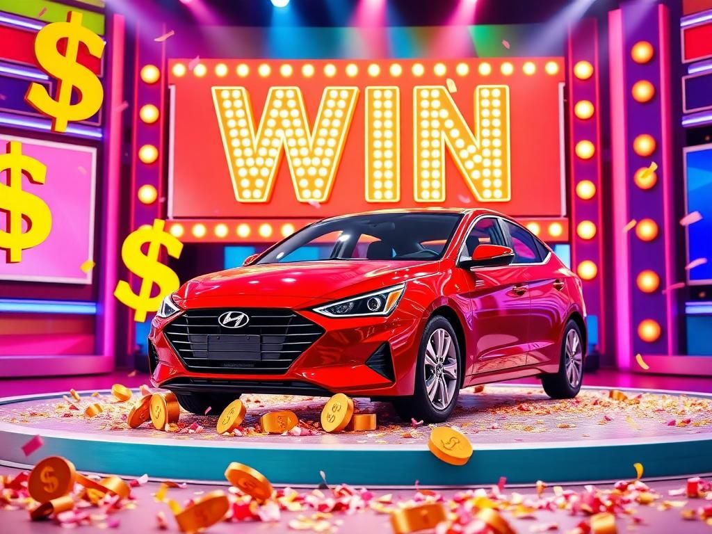 Flick International Gleaming red 2025 Hyundai Elantra parked on a vibrant game show stage