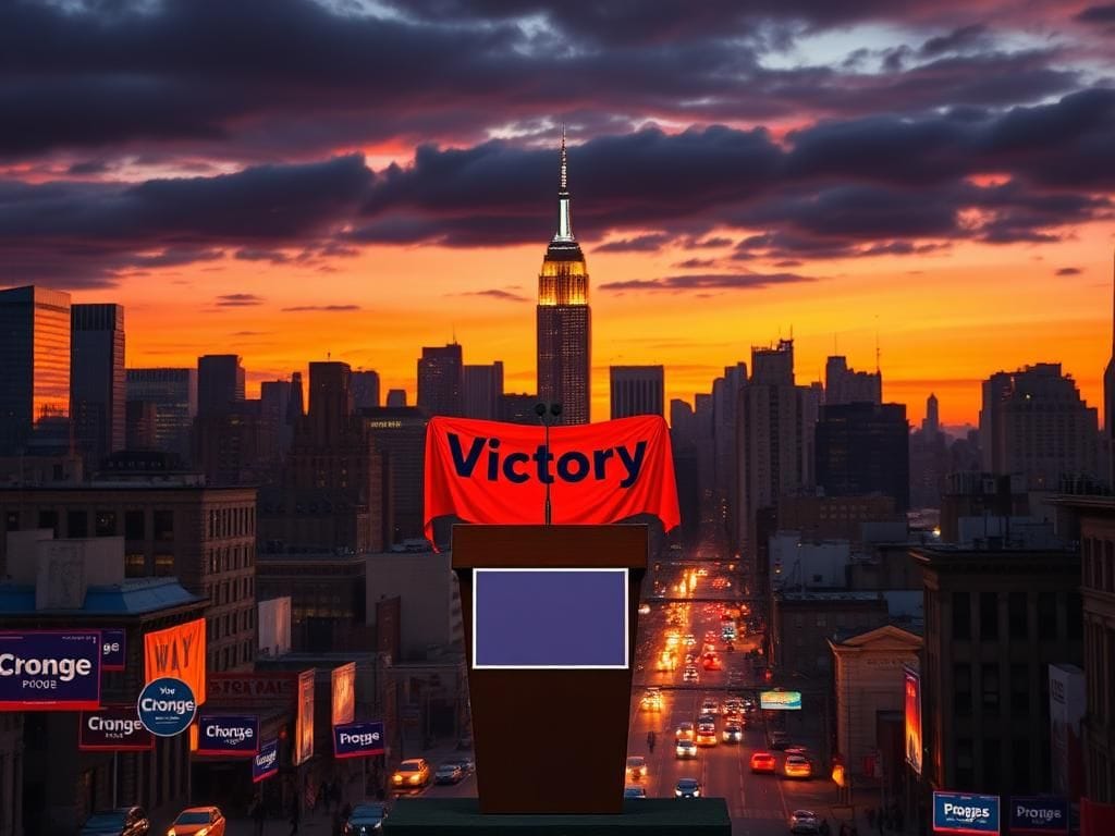 Flick International Dramatic cityscape of New York City at dusk with a campaign podium and vibrant political signs