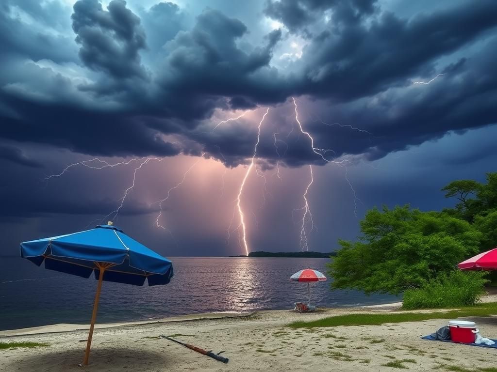 Flick International Lightning striking the water at Lake Murray during a summer storm