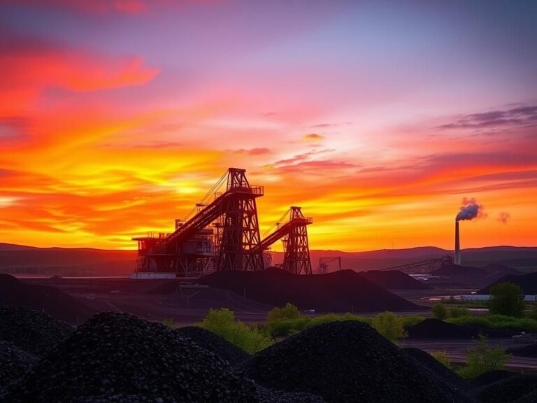 Flick International Sprawling coal mine scene at sunset with towering mining equipment