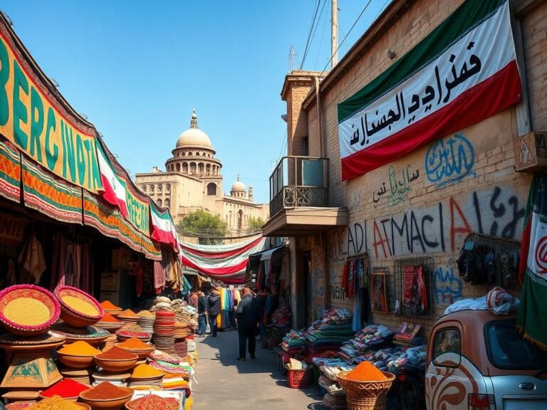 Flick International Vibrant street scene in Tehran showcasing colorful banners and graffiti with the phrase 'Death to America' on a weathered wall.