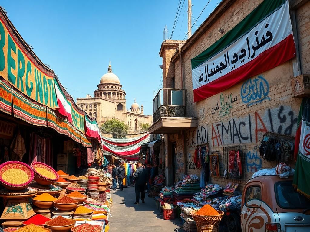 Flick International Vibrant street scene in Tehran showcasing colorful banners and graffiti with the phrase 'Death to America' on a weathered wall.