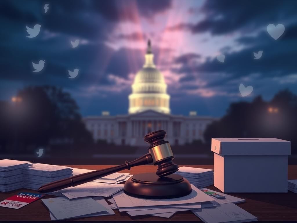 Flick International A digital illustration depicting a somber yet hopeful political landscape with a gavel and campaign materials.