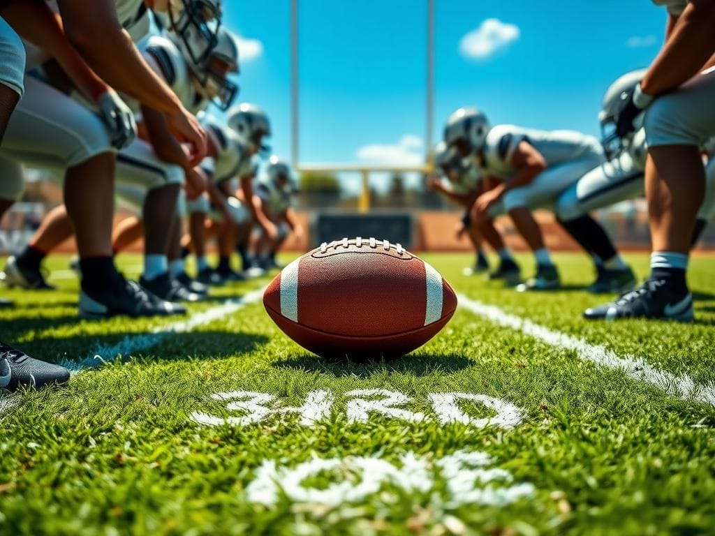 Flick International Close-up view of a tightly packed offensive line on a football field ready for action