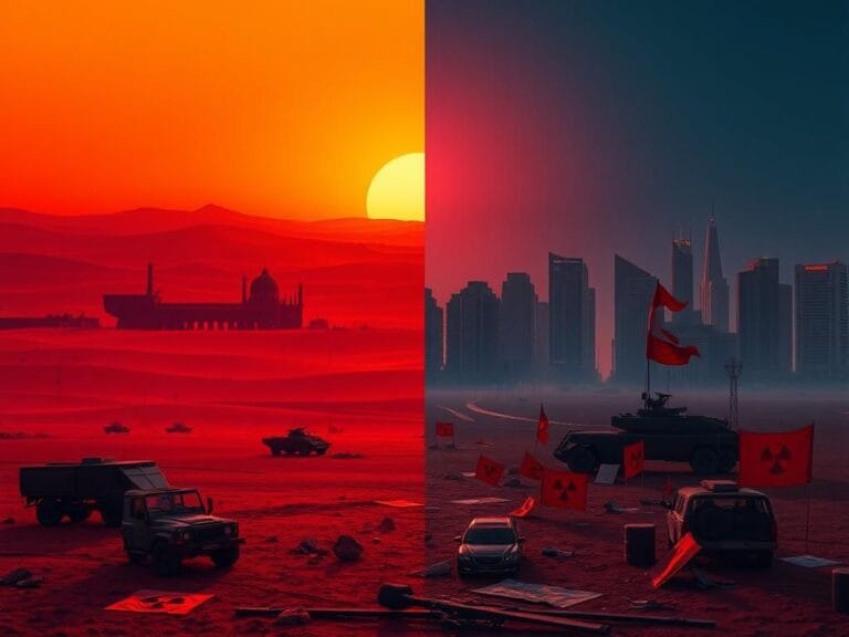 Flick International Tense geopolitical landscape contrasting ancient Iran with modern Western military presence