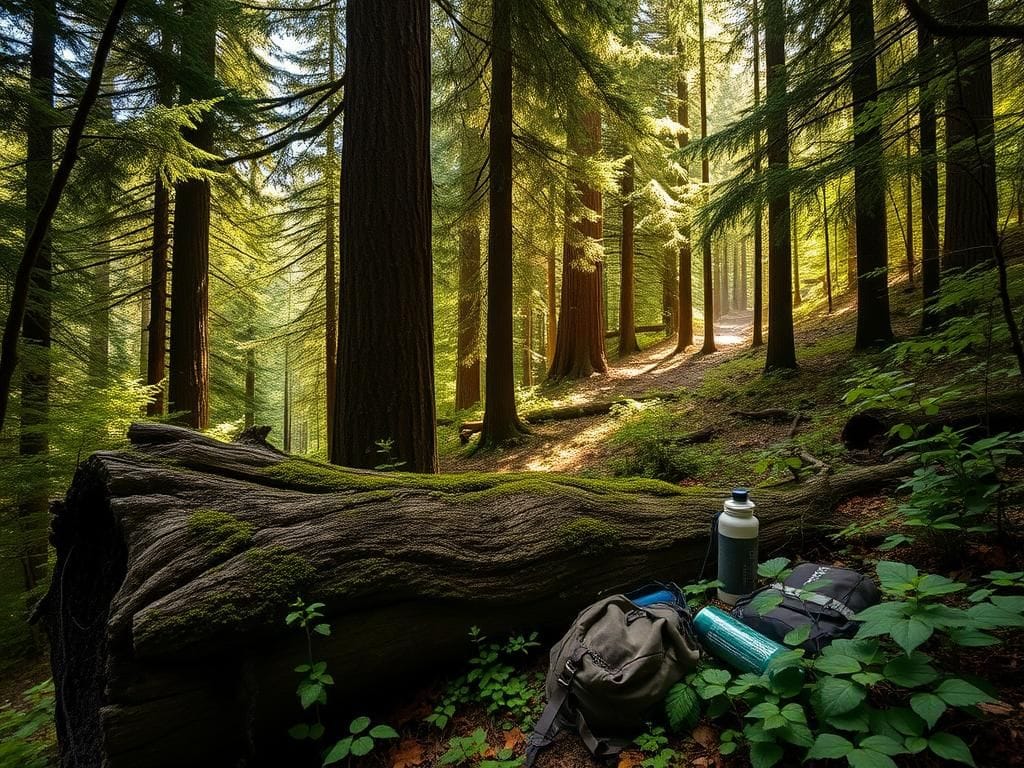 Flick International Dense forest scene in the Suquamish woods with a rugged, mossy tree and scattered hiking gear