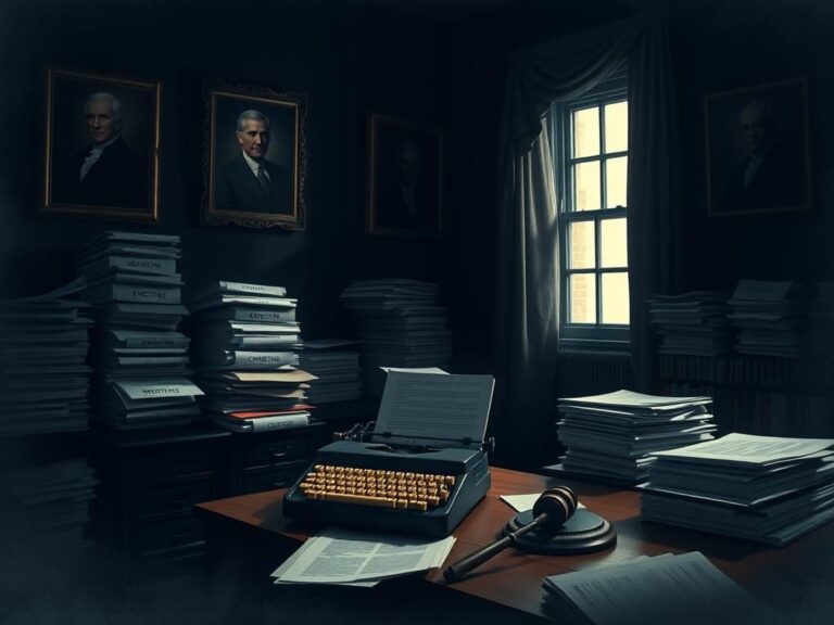 Flick International A dimly lit room filled with legal documents and a vintage typewriter symbolizing congressional hearings