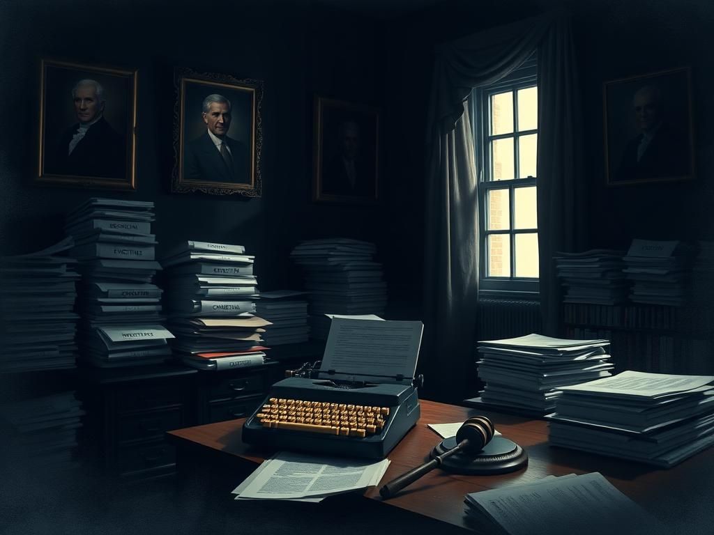 Flick International A dimly lit room filled with legal documents and a vintage typewriter symbolizing congressional hearings