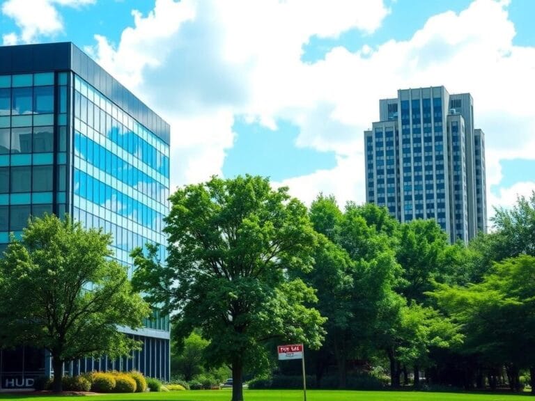 Flick International Modern office building representing the new HUD headquarters in Alexandria with lush green park in the background