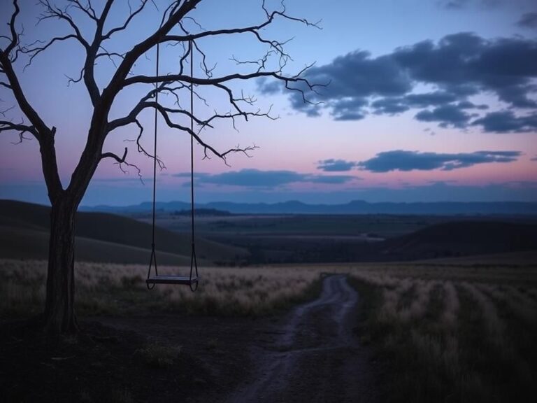 Flick International Serene Idaho countryside at dusk with an abandoned swing, symbolizing lost childhood