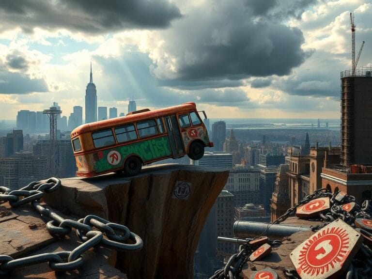 Flick International Urban scene depicting a crumbling cliff with a rusted bus symbolizing the Democrat party, teetering on the edge