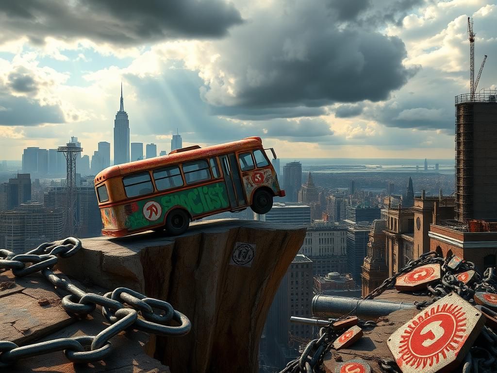 Flick International Urban scene depicting a crumbling cliff with a rusted bus symbolizing the Democrat party, teetering on the edge