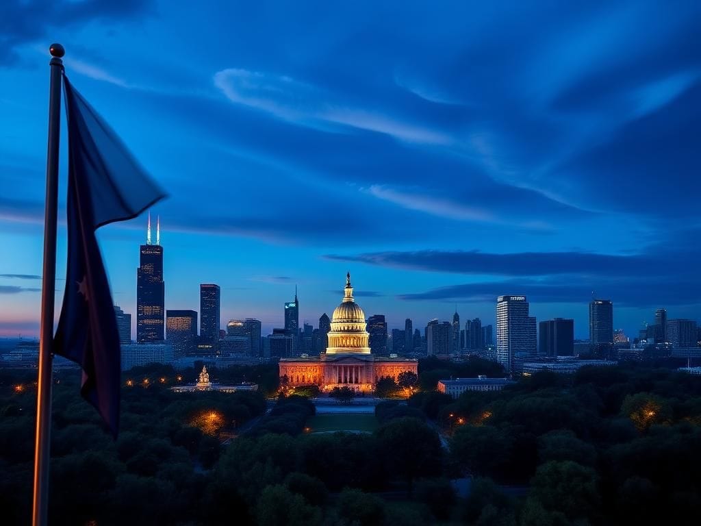Flick International Panoramic view of the Chicago skyline at twilight with the Illinois flag in the foreground