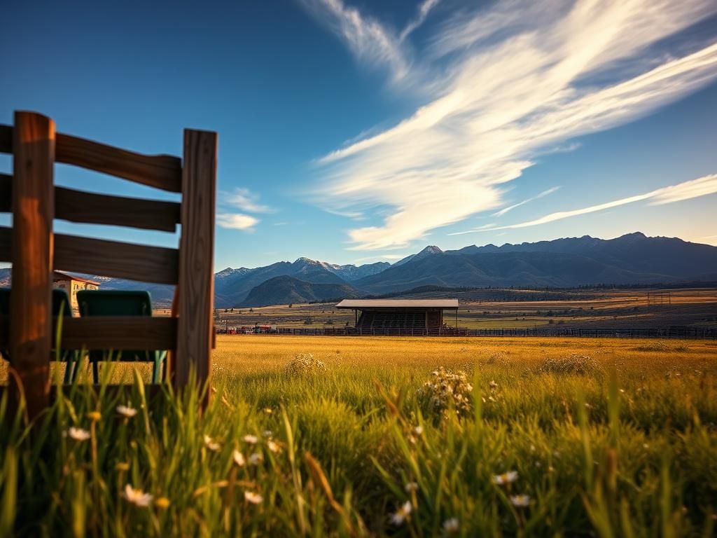 Flick International Serene Colorado landscape with wildflowers and a distant bull riding arena