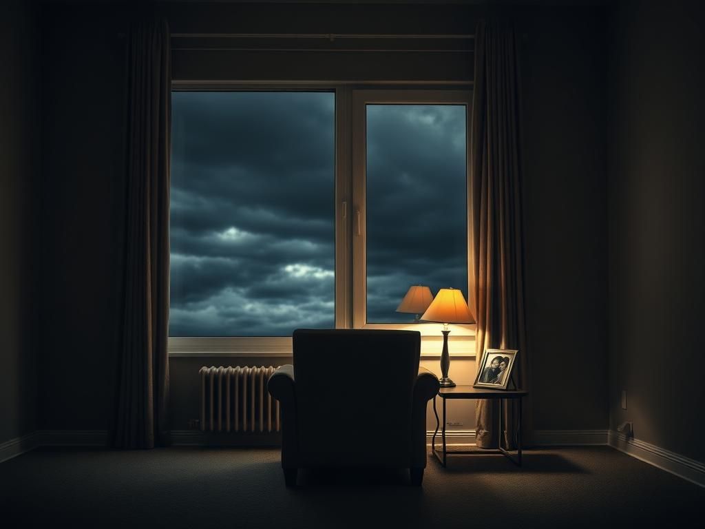 Flick International Dimly lit living room symbolizing separation and solitude due to external threats