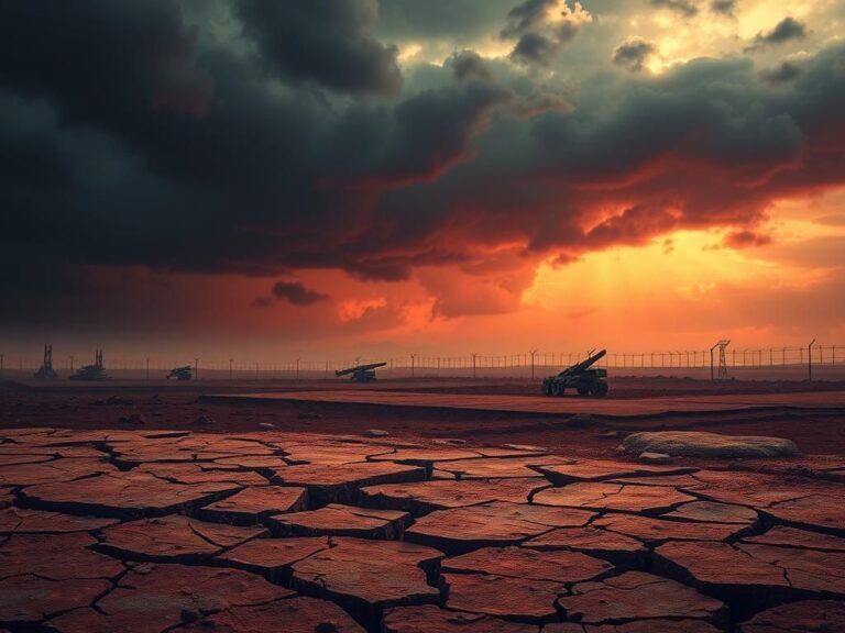 Flick International Fragmented landscape illustrating the tension of the ongoing Israeli-Iranian conflict, featuring cracked earth and ominous storm clouds.