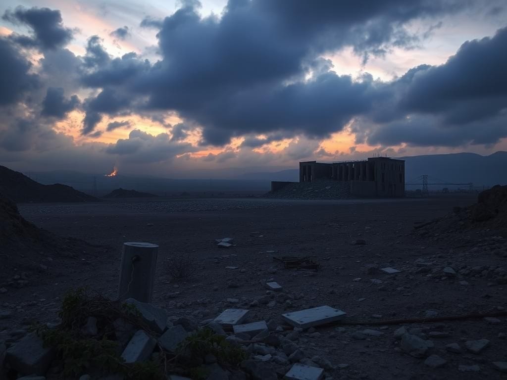 Flick International A desolate landscape with the remnants of the Fordow nuclear facility in ruins