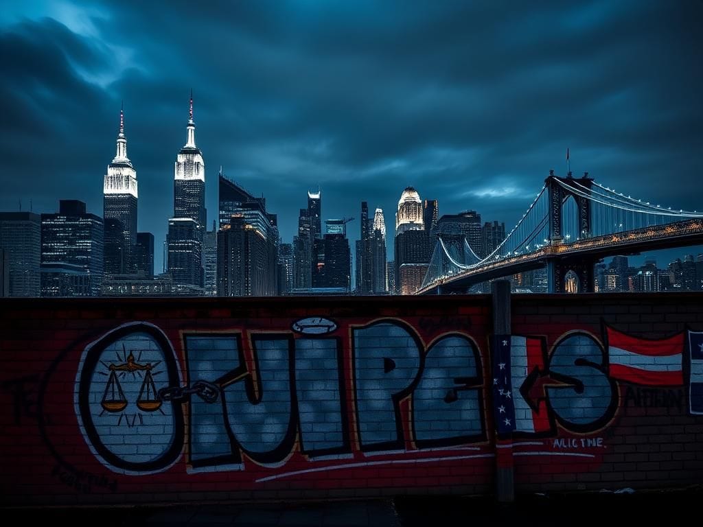 Flick International Nighttime cityscape of New York City with iconic landmarks and a vibrant graffiti mural symbolizing justice