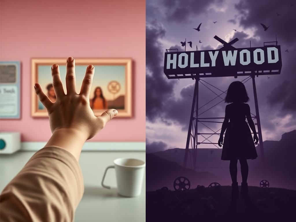 Flick International A young girl's hand reaching towards a vintage dishwashing commercial, symbolizing childhood innocence and gender equality advocacy.