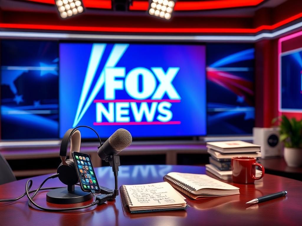 Flick International Modern podcast studio featuring Fox News logo, microphone, and social media gadgets